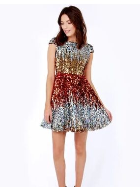 Sequin Ombre Fit & Flare Party Dress - Red, Gold, Silver